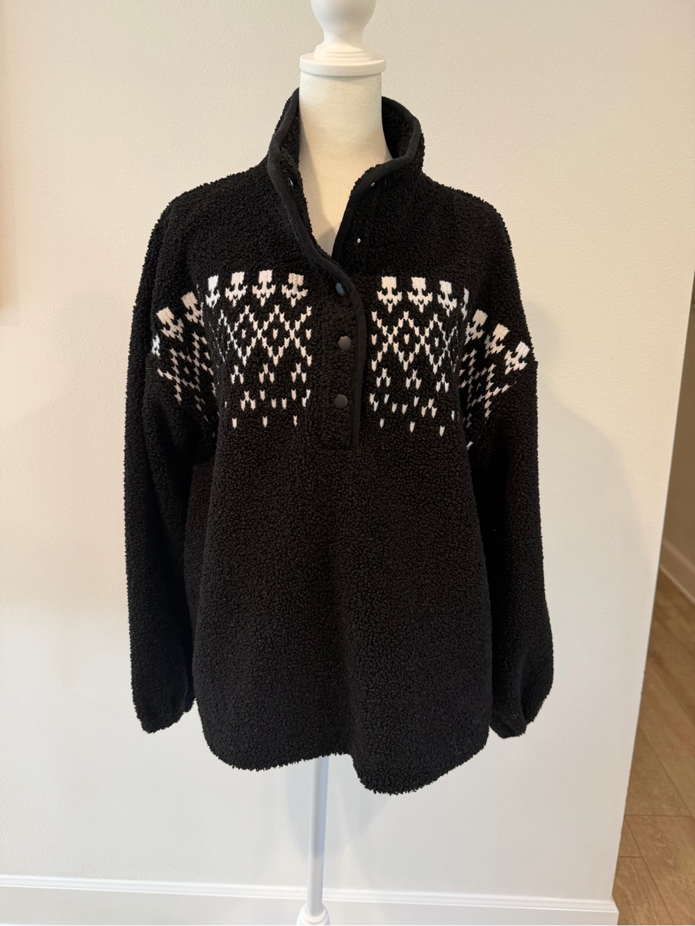 LOFT Black Sherpa Pullover with White Fair Isle Yoke Detail